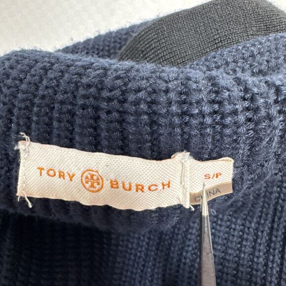 TORY BURCH Women Chunky Knit Sweater Dress Size S Navy MockNeck Gold Logo Button - Picture 8 of 8